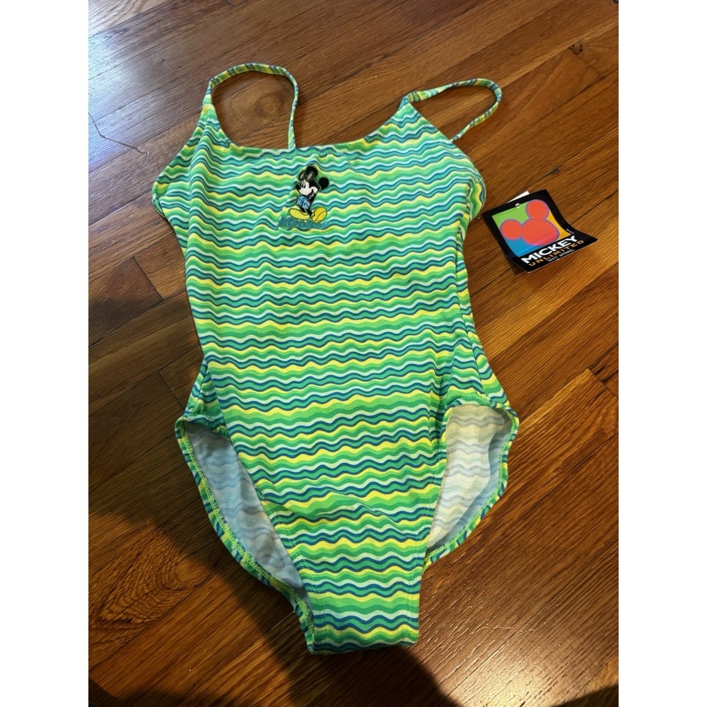 Vintage Mickey Unlimited Junior Girl's Mickey Swimsuit Green Stripes 3/4 NWT 90s